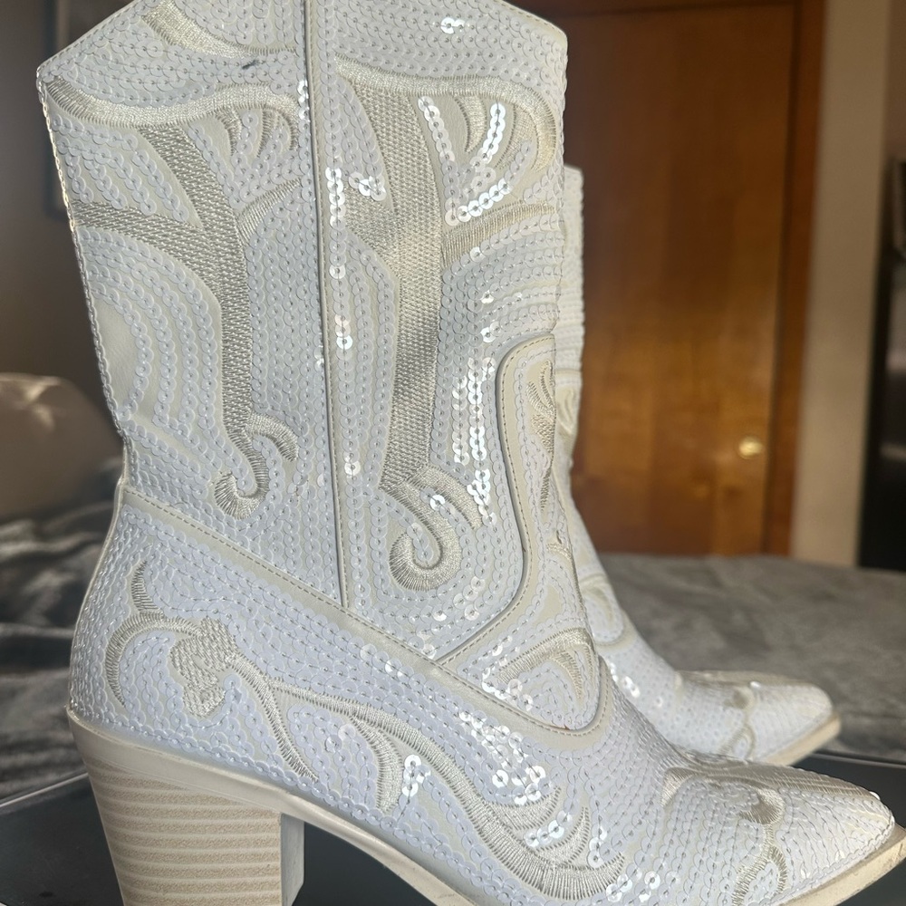MIA White Sequin Heeled Boots